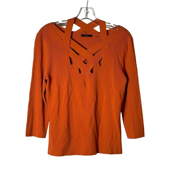 Vintage EUC Cyrus Rust Orange Criss Cross Knit Ribbed Sweater Flattering - Picture 4 of 14